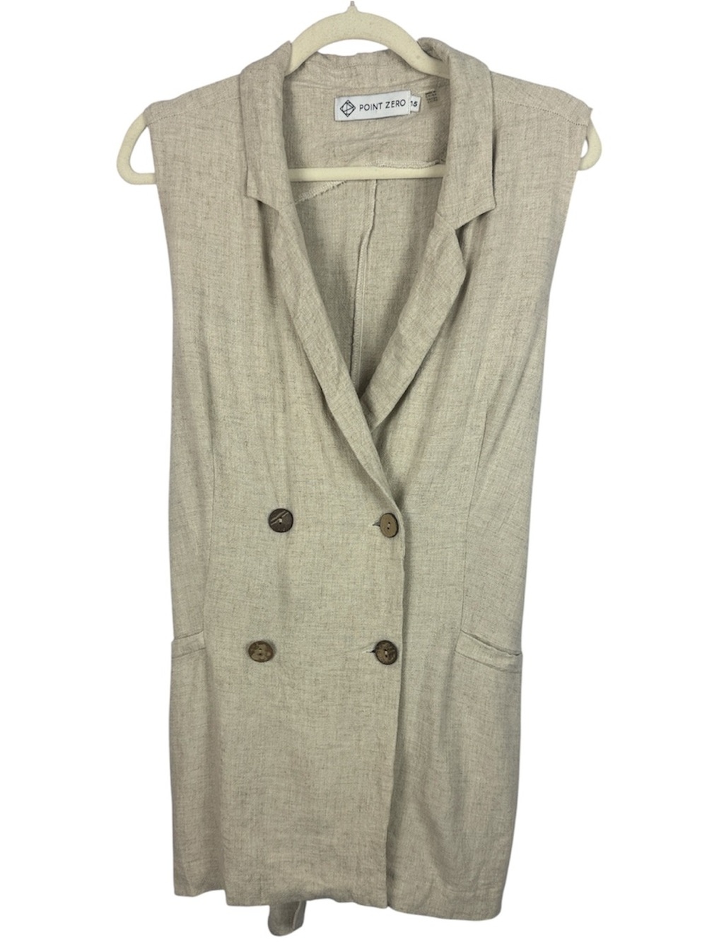 Point Zero Linen Blend Double Breasted Sleeveless Blazer Vest Beige Size 15 (M)